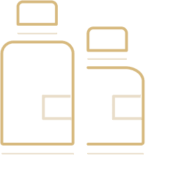 Icône schématique représentant deux flacons de médicament de tailles différentes, avec leurs bouchons et une étiquette rectangulaire.