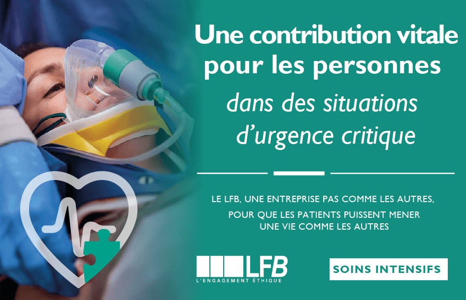 Bannière LFB Soins intensifs avec la mention « Une contribution vitale pour les personnes dans des situations d'urgence critique » et le texte « Le LFB, une entreprise pas comme les autres, pour que les patients puissent mener une vie comme les autres », sur une photo d'un patient sous assistance respiratoire en soins intensifs, avec un pictogramme en forme de cœur.