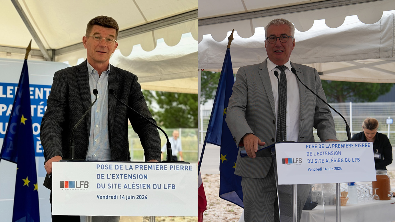 Collage de deux photos d'hommes prenant la parole au micro sous un chapiteau, devant un pupitre annonçant : « Pose de la première pierre de l'extension du site alésien du LFB, vendredi 14 juin 2024 »