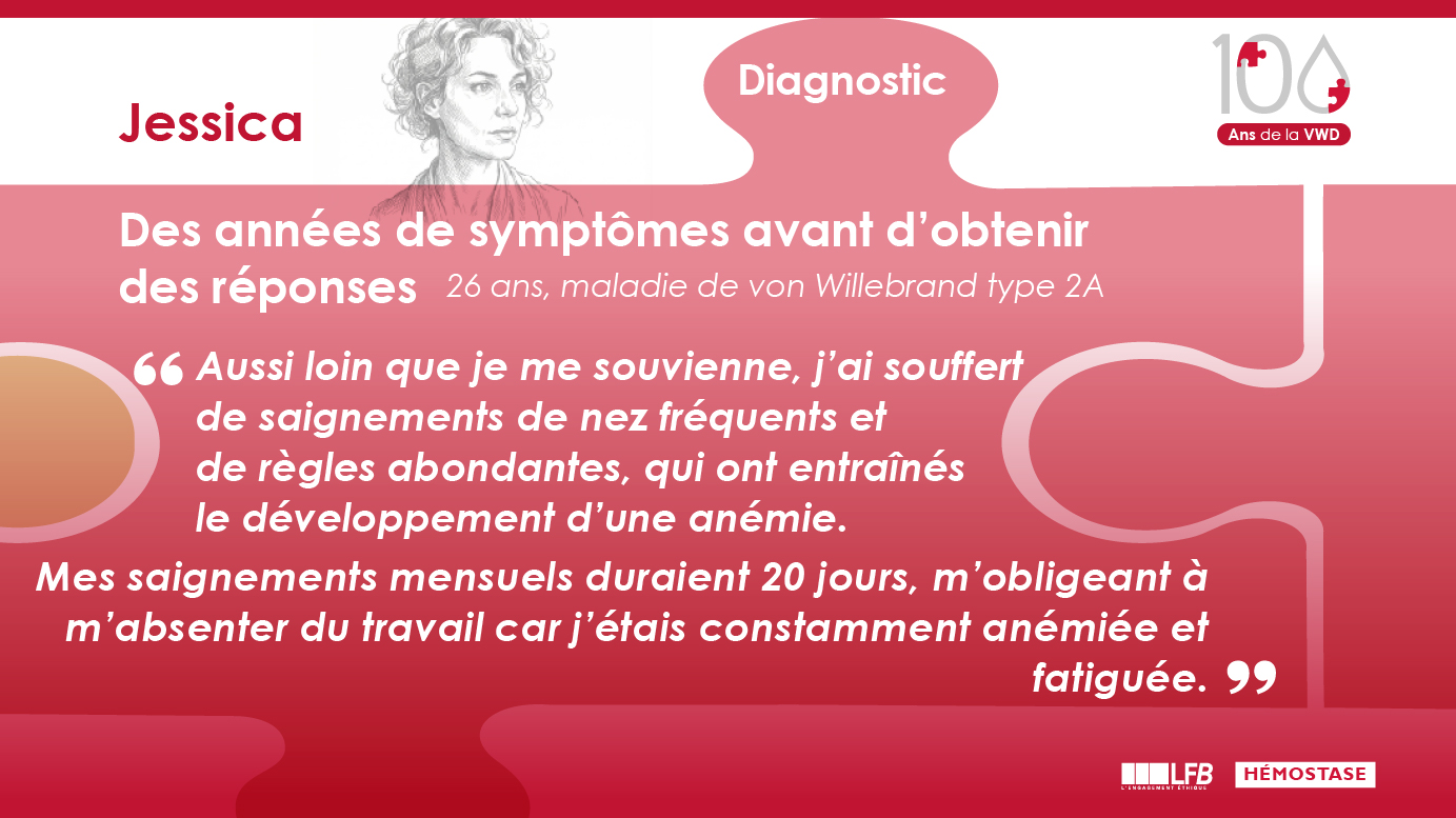 "Des années de symptômes avant d’obtenir des réponses", Jessica, 26 ans, von Willebrand type 2A Aussi loin que je me souvienne, j’ai souffert de saignements de nez fréquents et de règles abondantes, qui ont entraînés le développement d’une anémie. Mes saignements mensuels duraient 20 jours, m’obligeant à m’absenter du travail car j’étais constamment anémiée et fatiguée.
