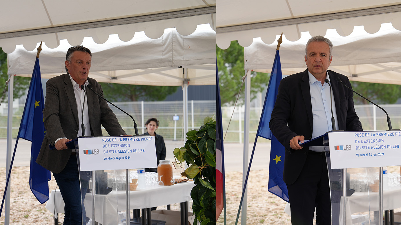 Collage de deux photos d'un homme prenant la parole au micro sous un chapiteau, devant un pupitre annonçant : « Pose de la première pierre de l'extension du site alésien du LFB, vendredi 14 juin 2024 »