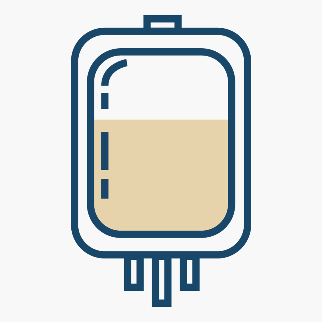Icône schématique d'une poche de transfusion remplie d'un liquide beige (plasma), avec tube de perfusion, sur fond bleu marine.