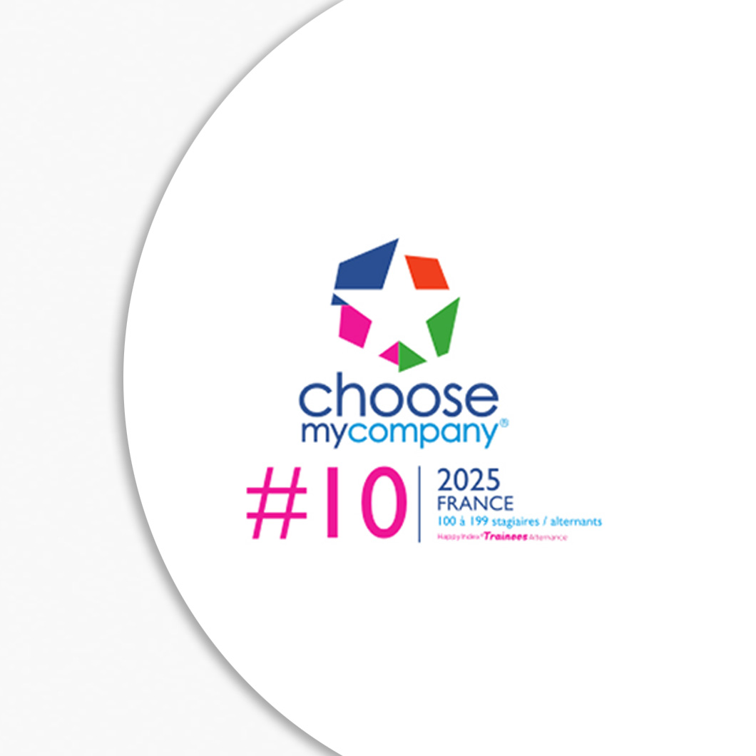 Logo ChooseMyCompany en forme d'étoile colorée (bleu, orange, rose, vert). Texte : « #10, 2025, France, 100 à 199 stagiaires / alternants, Happy Index Trainees Alternance ».