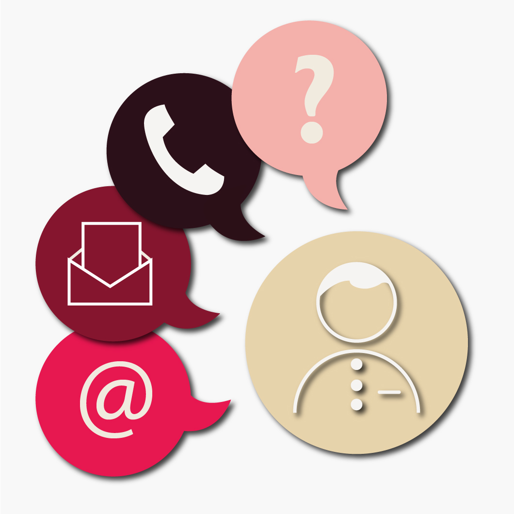 Cinq pictogrammes de contact : une bulle avec un combiné téléphonique, une bulle avec un point d'interrogation, une bulle avec une enveloppe, une bulle avec le symbole @, et un cercle avec une silhouette de personne.