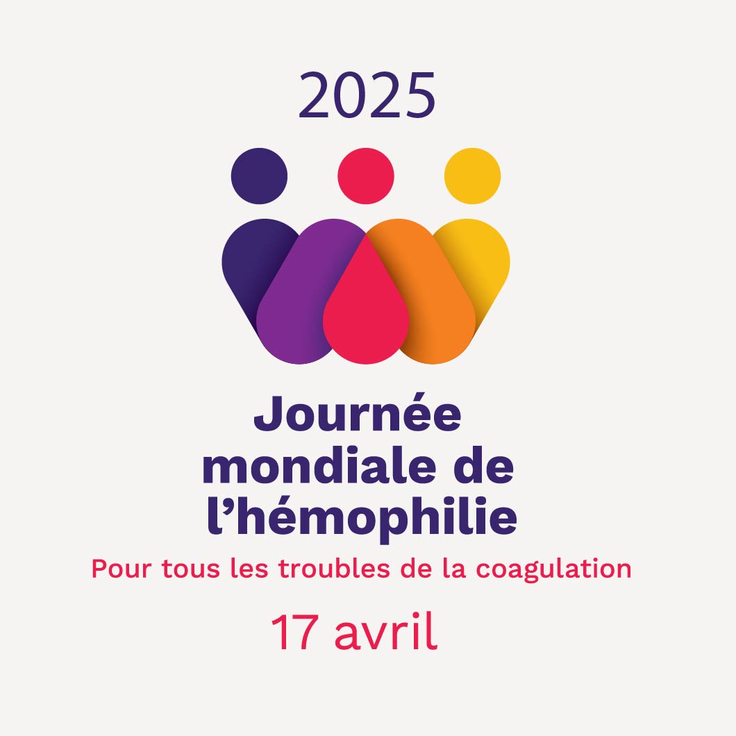 Logo composé de silhouettes colorées (bleu marine, violet, rose, orange, jaune) en forme de personnes stylisées. Texte : « 2025, Journée mondiale de l'hémophilie, pour tous les troubles de la coagulation, 17 avril ».