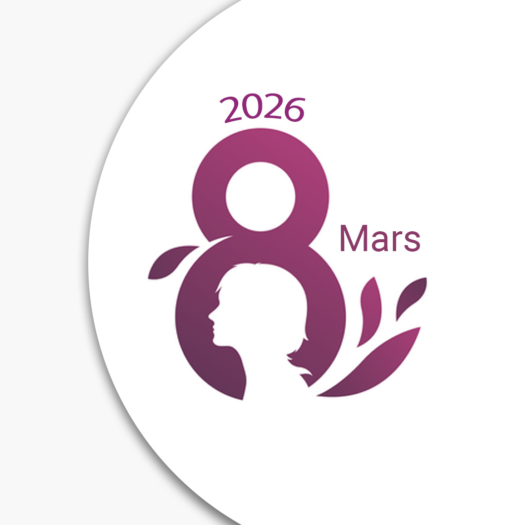 Logo de la Journée internationale des droits des femmes 2024, 8 mars : un 8 stylisé en dégradé violet intégrant la silhouette du visage d'une femme, accompagné d'une feuille décorative et du texte « 2024 », « 8 mars ».