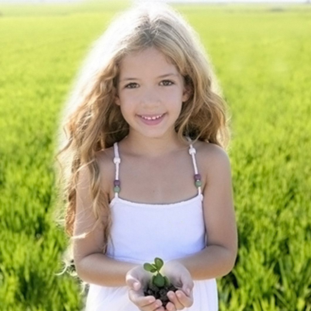 Une petite fille souriante, vêtue de blanc, tient de la terre avec une jeune pousse dans ses mains, dans un champ verdoyant.