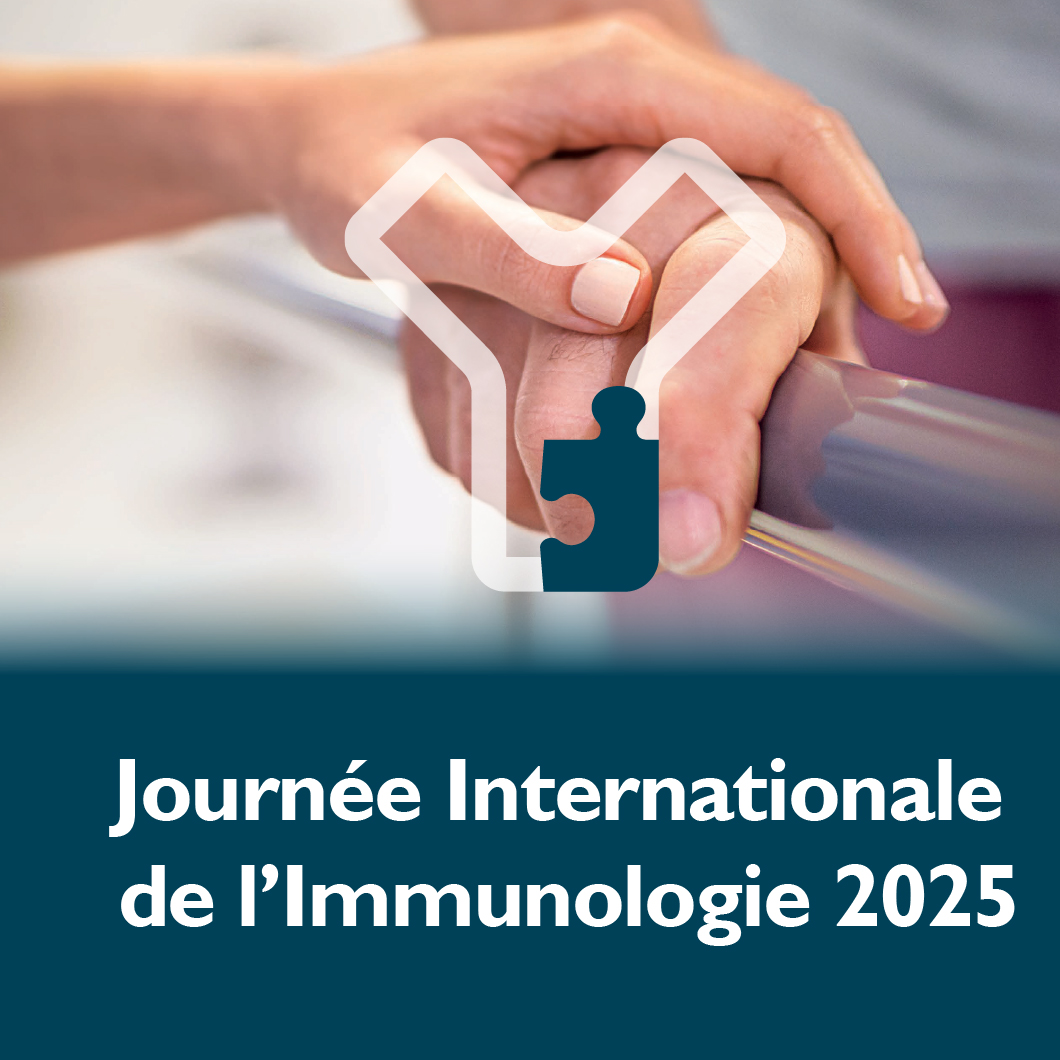 Visuel de la Journée Internationale de l’Immunologie 2025, avec une illustration représentant une pièce de puzzle et une main.