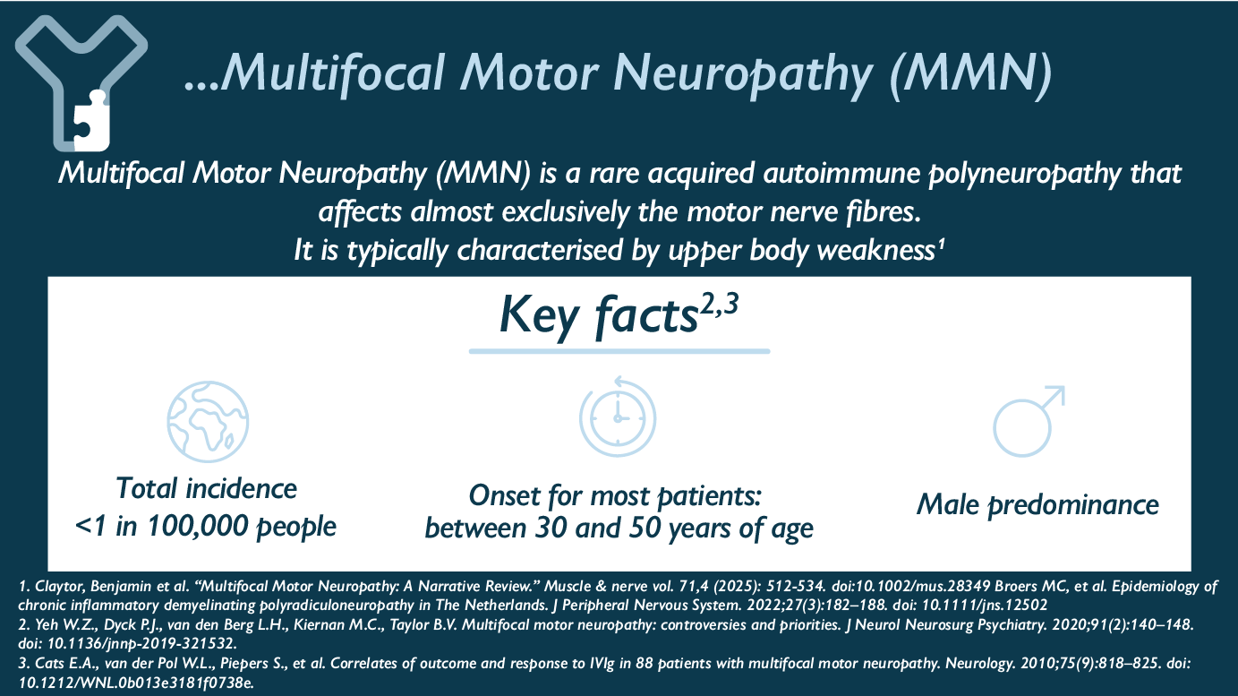 Multifocal Motor Neuropathy (MMN) is a rare acquired autoimmune polyneuropathy that affects almost exclusively the motor nerve fibres. It is typically characterised by upper body weakness. Key Facts : - Total incidence is