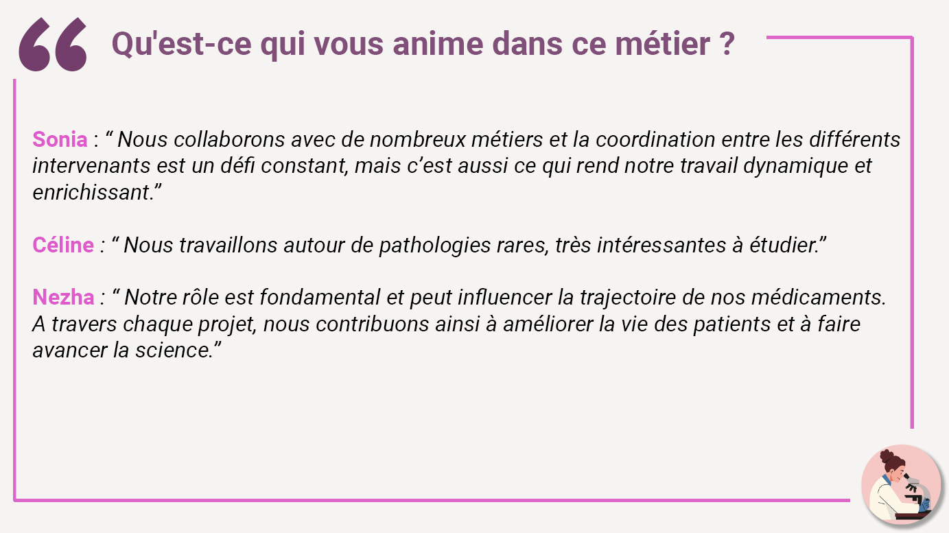 Qu'est-ce qui vous anime dans ce métier ? Sonia : “Nous collaborons avec de nombreux métiers et la coordination entre les différents intervenants est un défi constant, mais c’est aussi ce qui rend notre travail dynamique et enrichissant.” Céline : “Nous travaillons autour de pathologies rares, très intéressantes à étudier.” Nezha : “Notre rôle est fondamental et peut influencer la trajectoire de nos médicaments. A travers chaque projet, nous contribuons ainsi à améliorer la vie des patients et à faire avancer la science.”