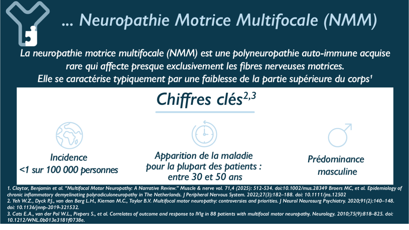 La neuropathie motrice multifocale (NMM) est une polyneuropathie auto-immune acquise rare qui affecte presque exclusivement les fibres nerveuses motrices. Elle se caractérise typiquement par une faiblesse de la partie supérieure du corps. Chiffres clés: - Incidence < 1 sur 10000 personnes - Apparition de la malaie pour la des patients entre 30 et 50 ans - Prédominance masculine