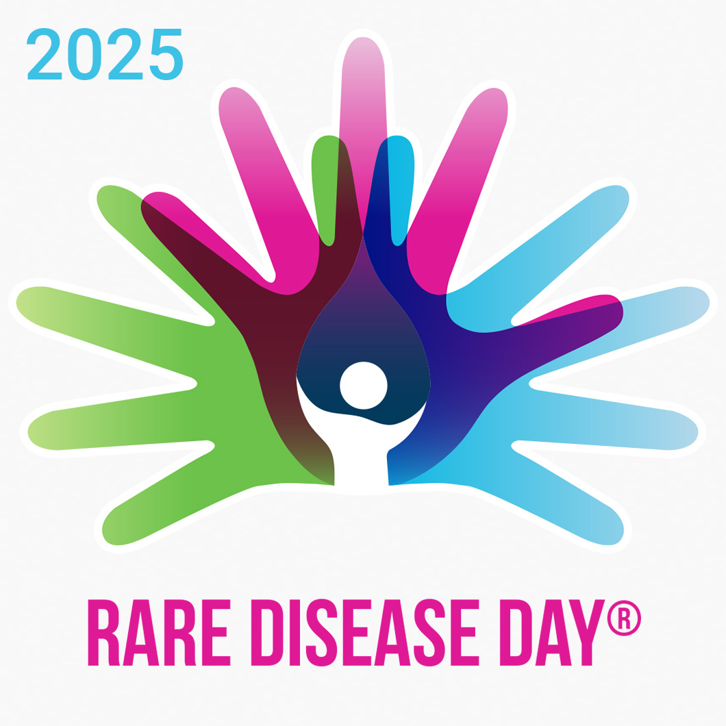Logo officiel de la Journée mondiale des maladies rares : plusieurs mains colorées (vert, rose, bleu, violet) disposées en éventail autour d'une silhouette humaine stylisée au centre. Texte : « 2025, Rare Disease Day ».