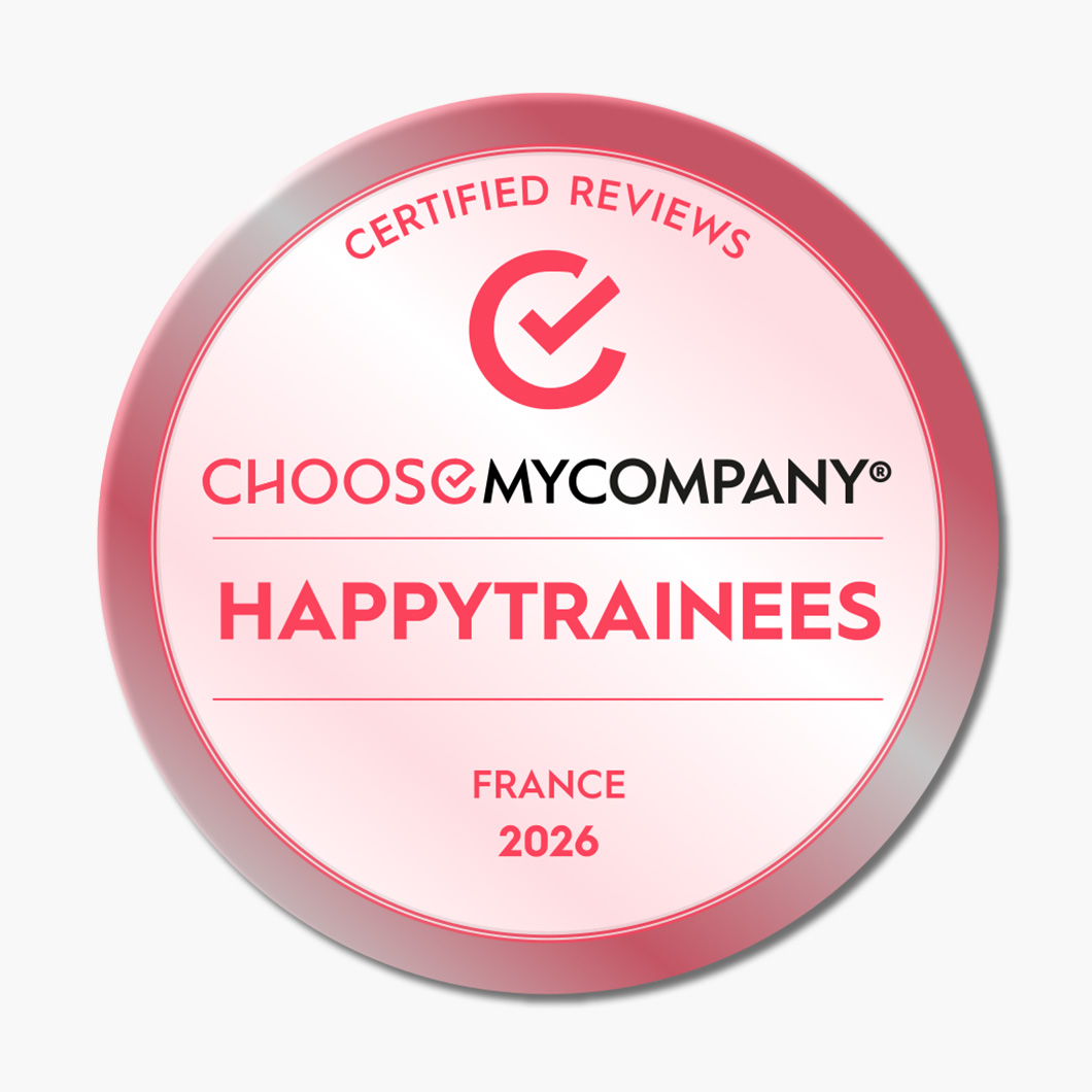 Badge circulaire « Certified Reviews » de ChooseMyCompany, avec logo en forme de coche stylisée. Texte : « HappyTrainees, France, 2026 ».