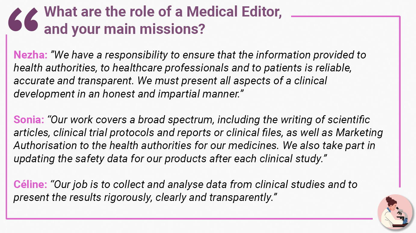 What is the role of a Medical Editor, and what are your main responsabilities? Nezha: ”We have a responsibility to ensure that the information provided to health authorities, to healthcare professionals and to patients is reliable, accurate and transparent. We must present all aspects of a clinical development in an honest and impartial manner.” Sonia: “Our work covers a broad spectrum, including the writing of scientific articles, clinical trial protocols and reports or clinical files, as well as Marketing Authorisation to the health authorities for our medicines. We also take part in updating the safety data for our products after each clinical study.” Céline: “Our job is to collect and analyse data from clinical studies and to present the results rigorously, clearly and transparently.”
