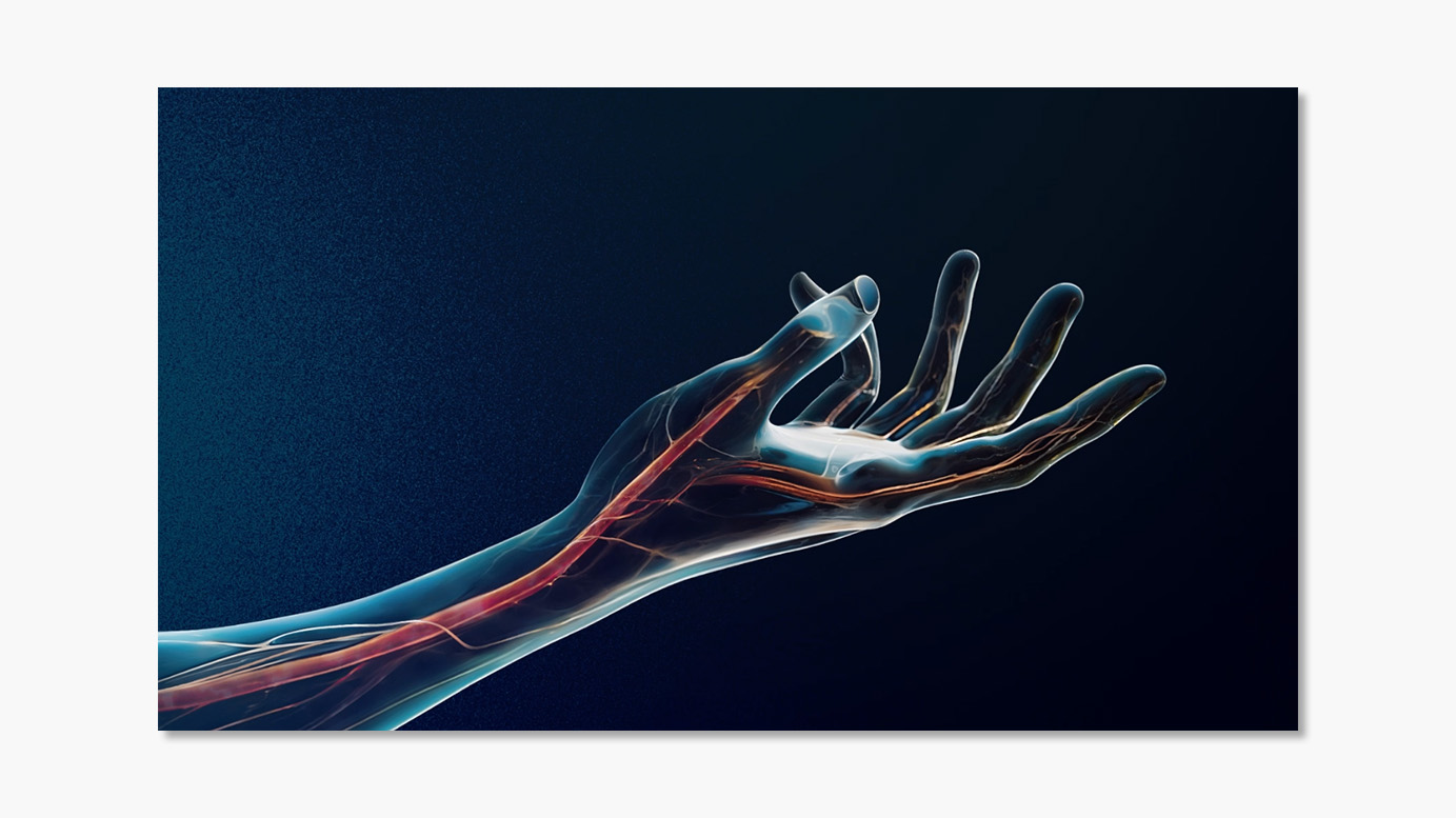 Illustration en rendu 3D d'une main et d'un avant-bras translucides bleutés, laissant apparaître des veines lumineuses rouges et orangées, sur fond bleu nuit.