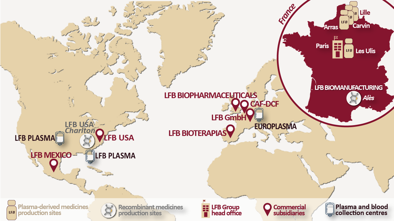 Carte mondiale des implantations du groupe LFB