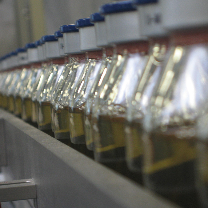 Rangée de flacons de médicament remplis d'un liquide ambré, alignés sur une chaîne de production.