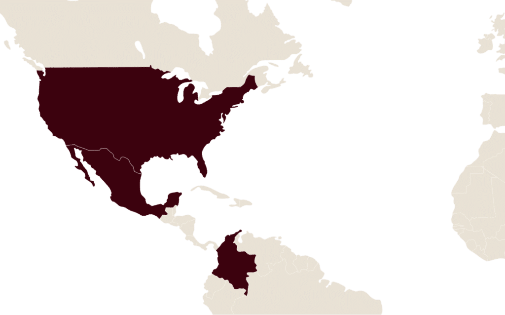 Carte de l'Amérique du nord mettant en évidence les Etats-unis, le Mexique et la Colombie
