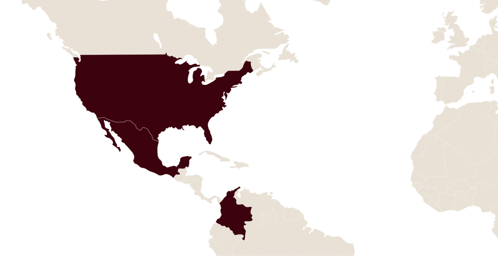Carte de l'Amérique du nord mettant en évidence les Etats-unis, le Mexique et la Colombie
