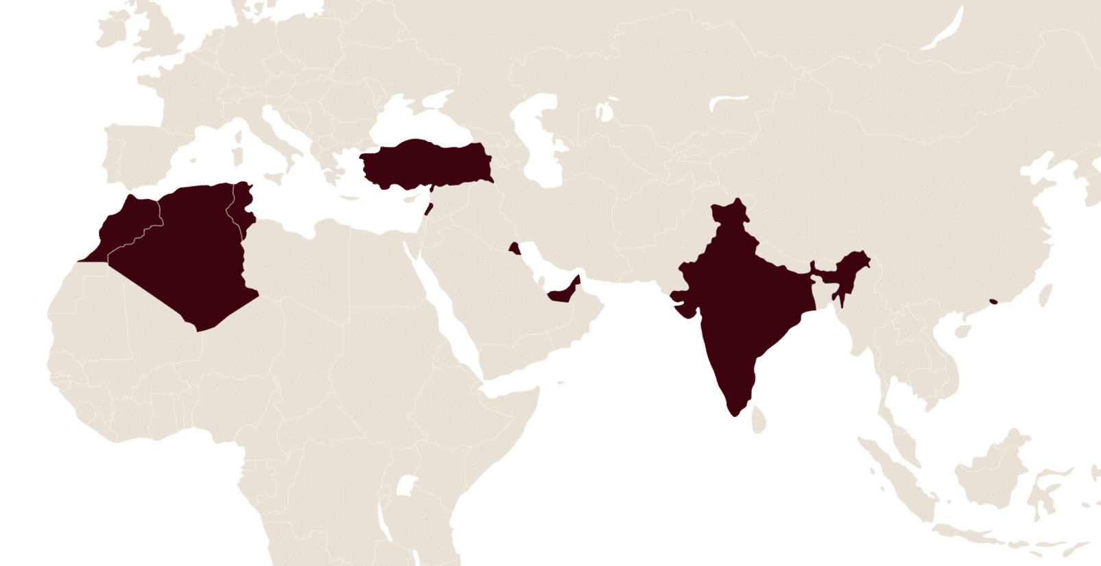 Carte de l'Afrique du Nord, du Moyen-Orient et de l'Asie, avec l'Algérie, la Tunisie, la Turquie, les Émirats arabes unis et l'Inde mis en évidence.