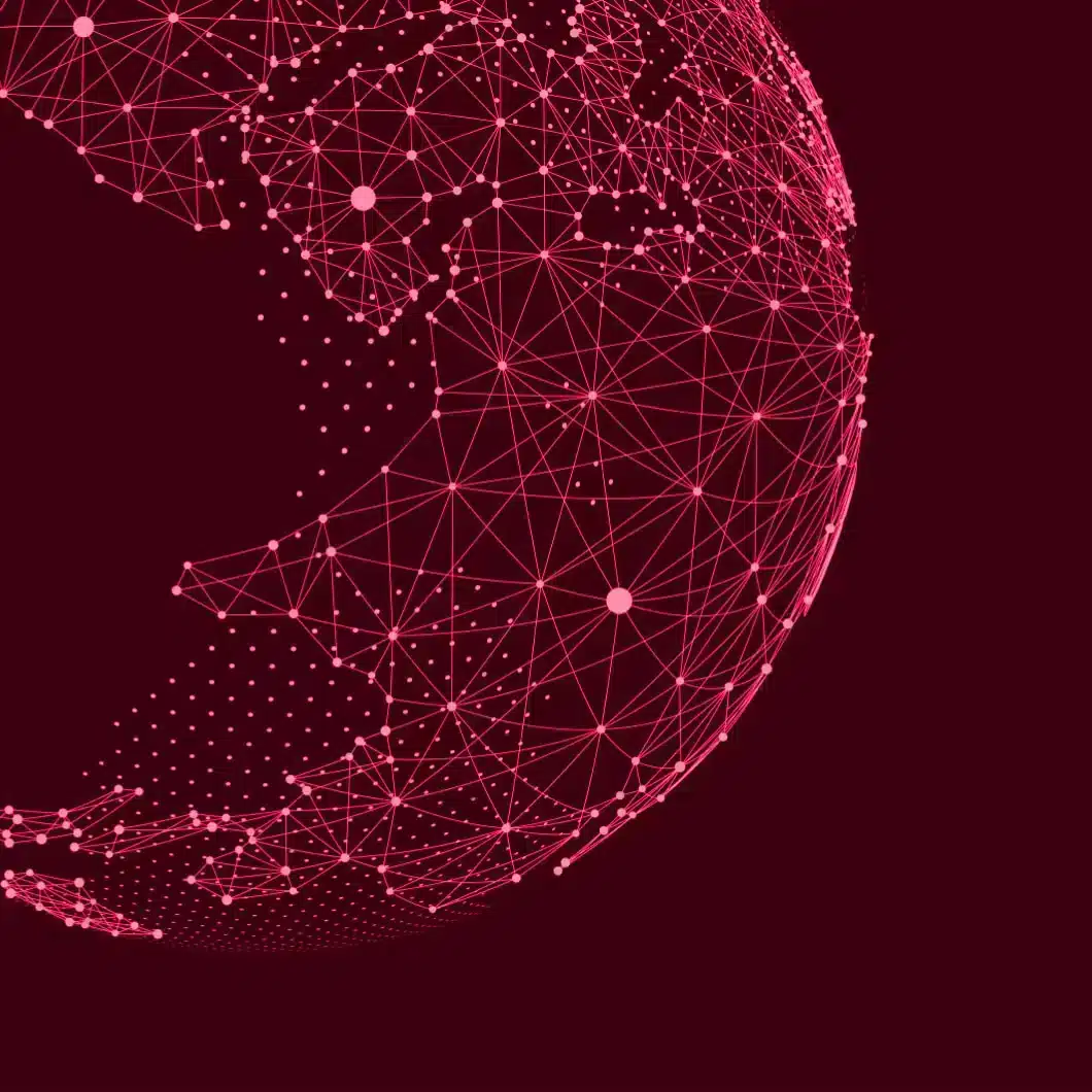 Globe connecté numérique, avec des lignes et des points roses sur fond marron, symbolisant un réseau mondial.